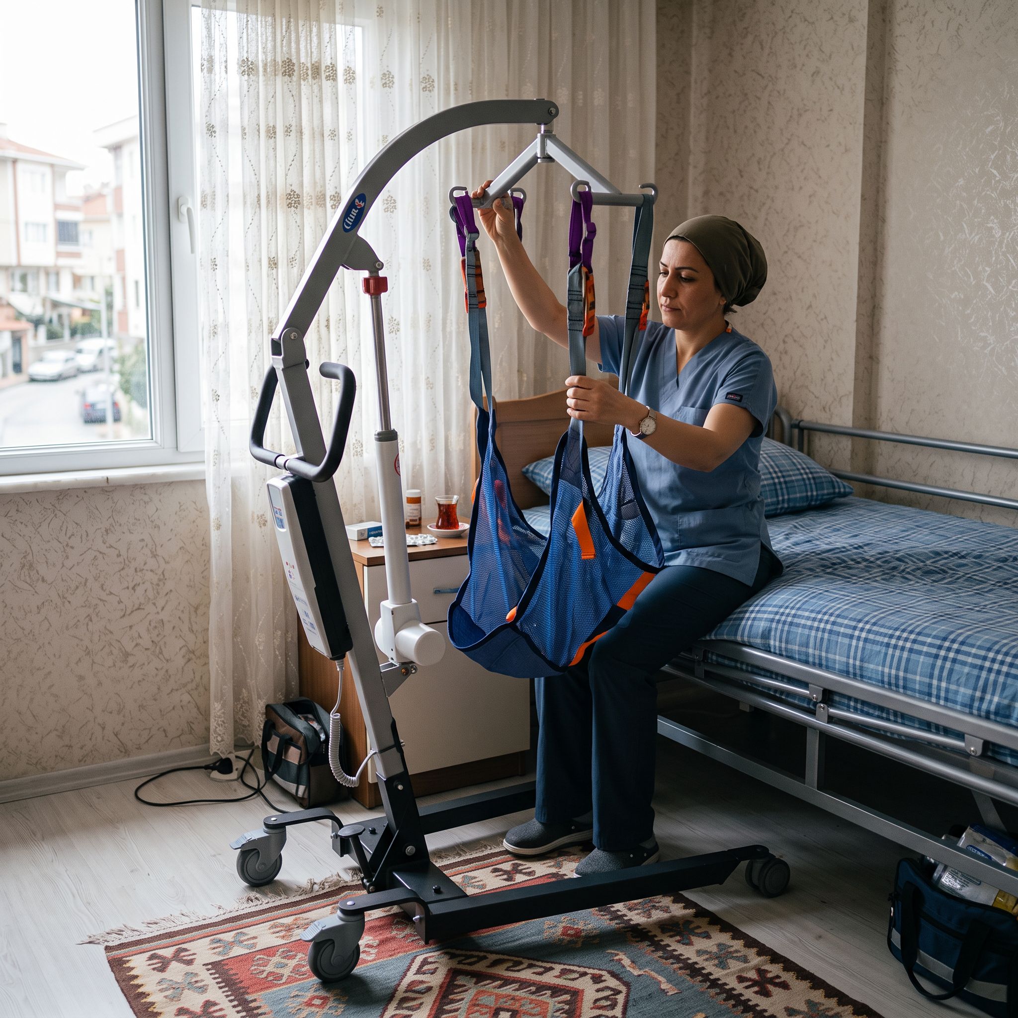Hasta taşıma lifti ilk kullanım öncesi kontrol yapan bakım veren ve cihaz