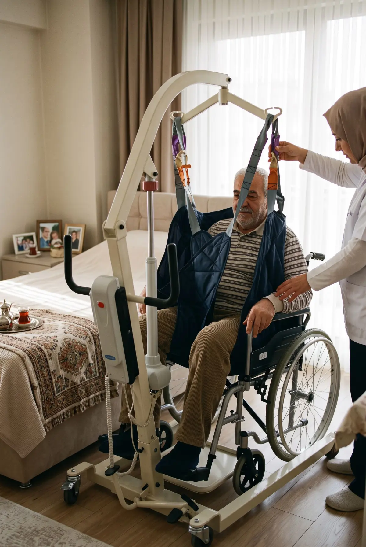 Ev ortamında hasta taşıma lifti kullanıcı eğitimi alan bakım veren ve güvenli transfer hazırlığı