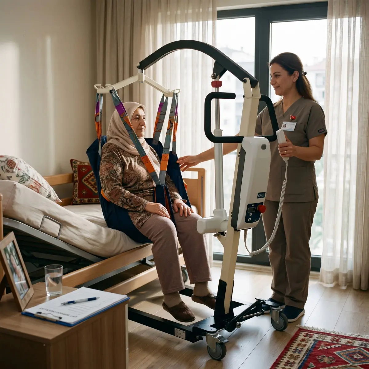 Ev ortamında hasta taşıma lifti servis kontrolü yapan bakım veren kişi