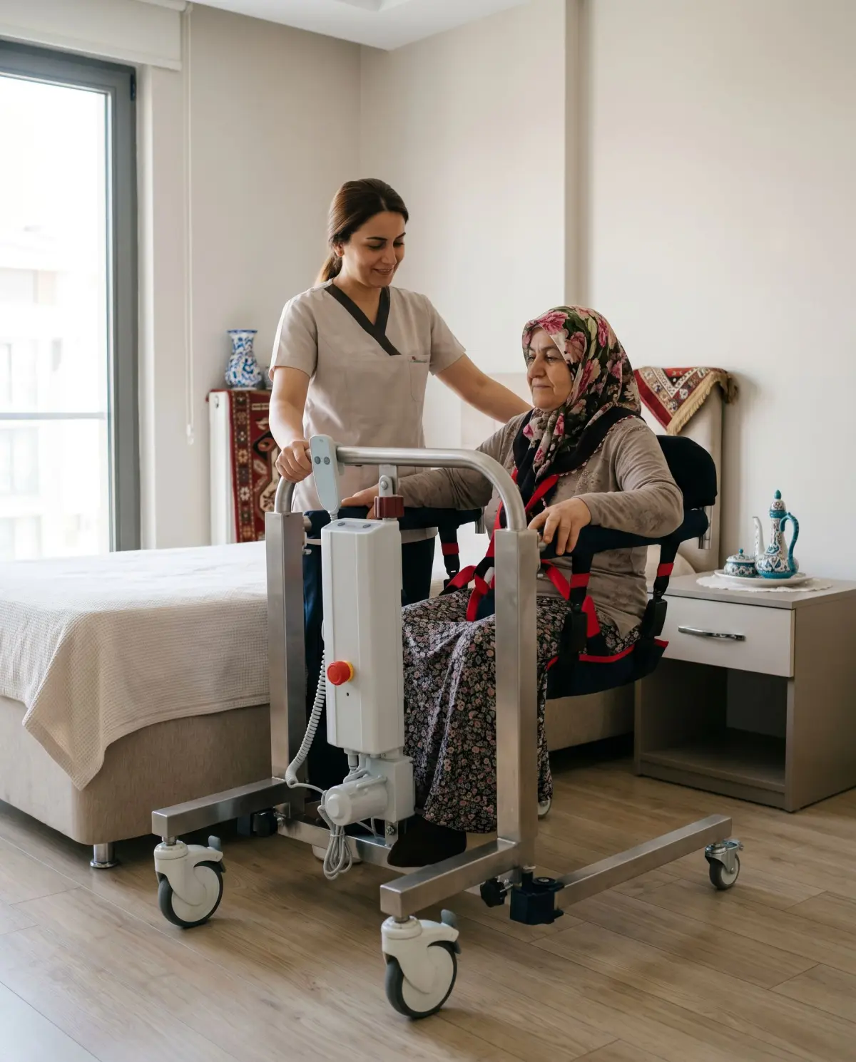 Evde tek bakıcıyla hasta taşıma lifti kullanılarak güvenli transfer sahnesi