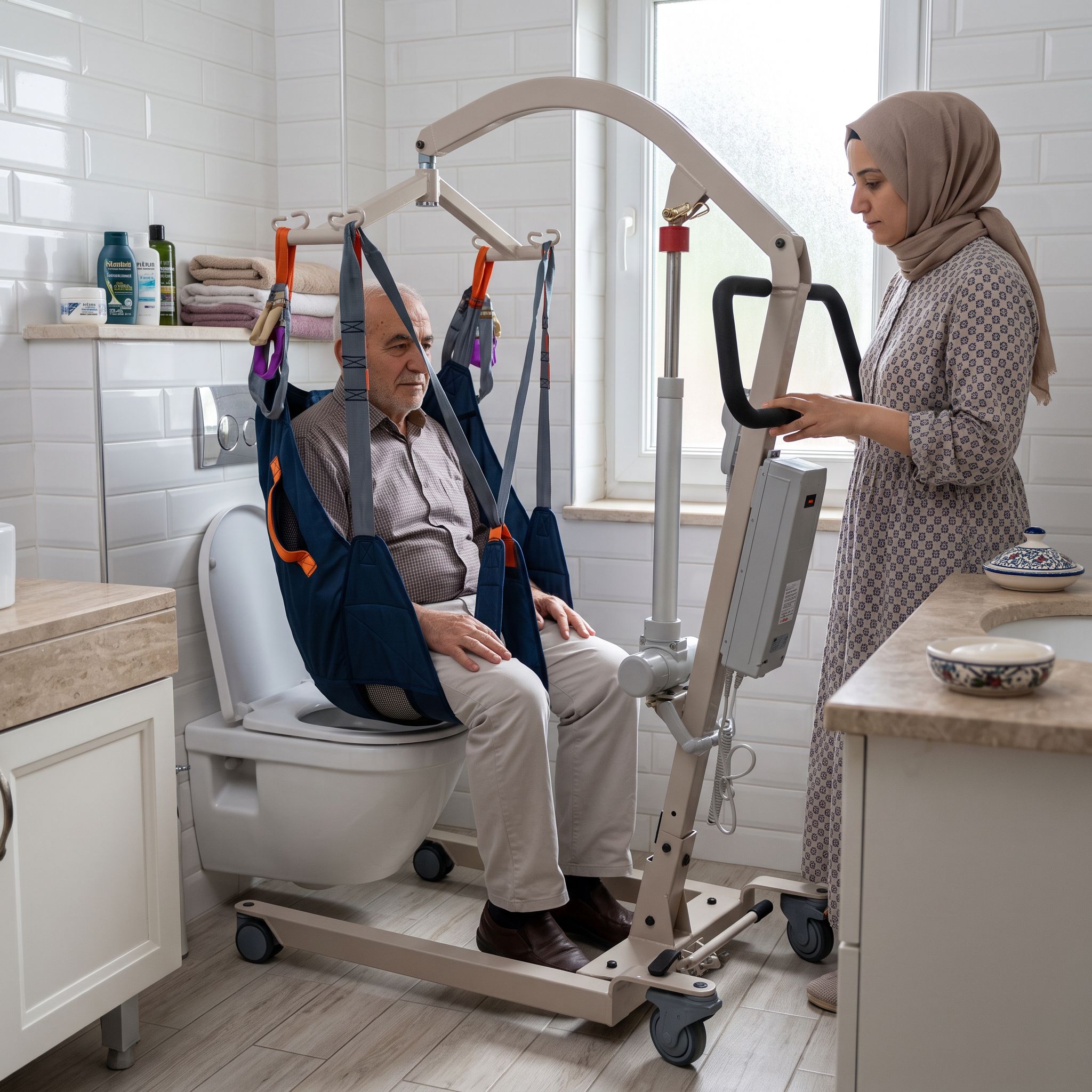 Banyo transferi için hasta taşıma liftinde kullanılan askı bezi ve banyo/WC uyumlu kullanım