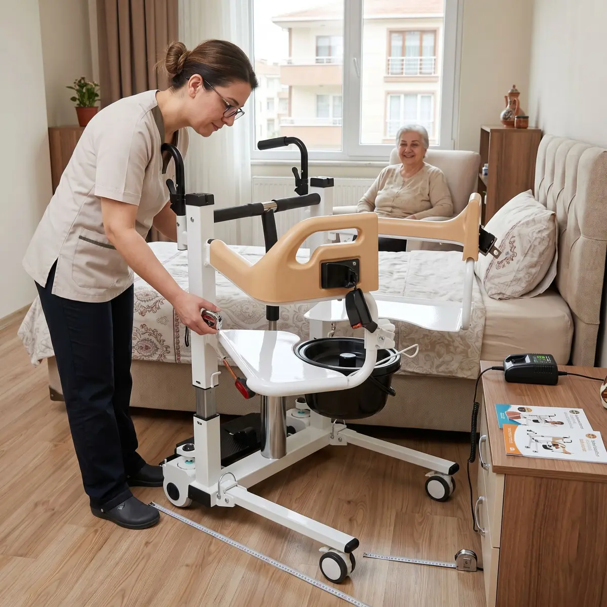 Evde ikinci el hasta taşıma lifti kontrolü yapan bakım veren ve transfer lifti