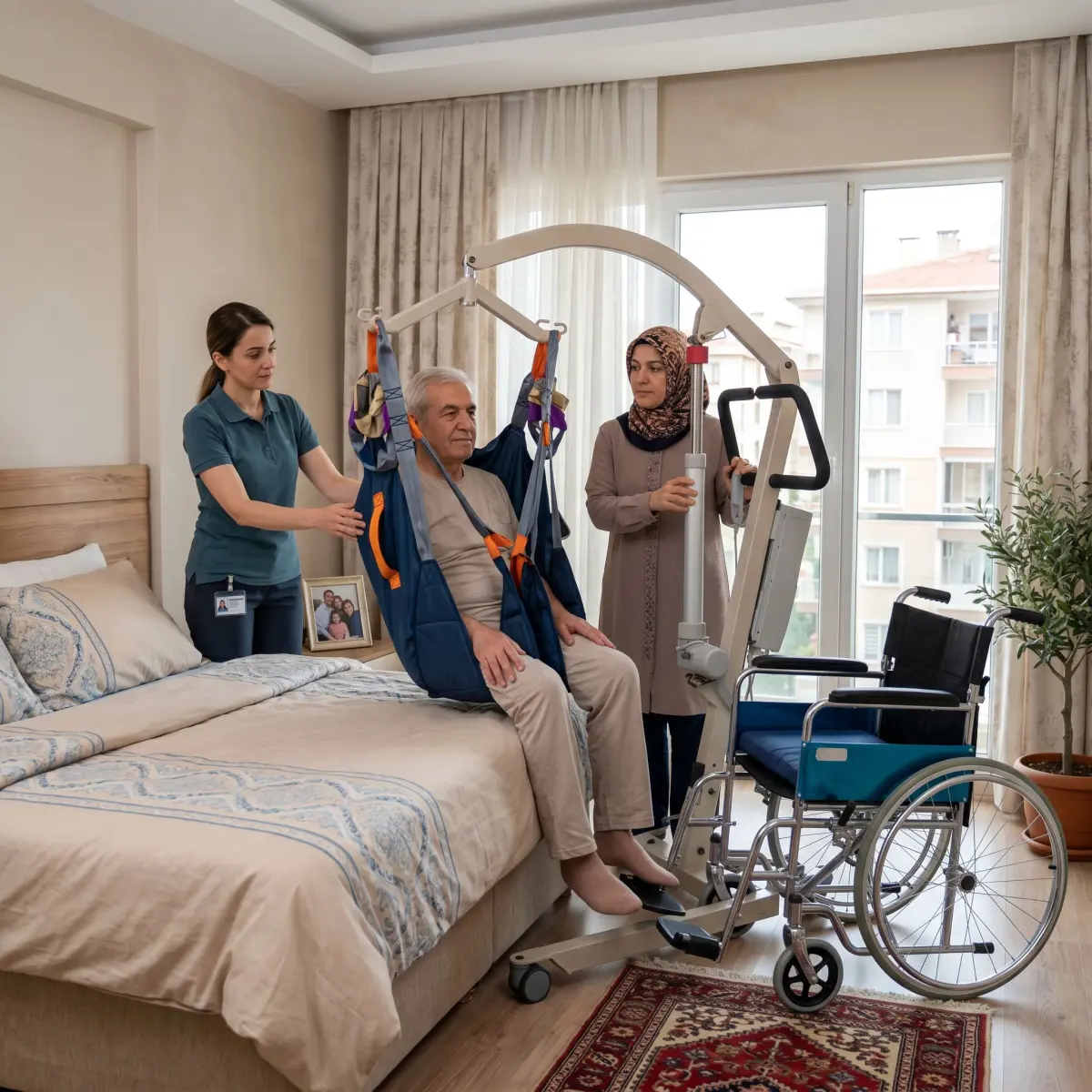 Evde mobil hasta taşıma lifti ile yataktan sandalyeye güvenli transfer sahnesi