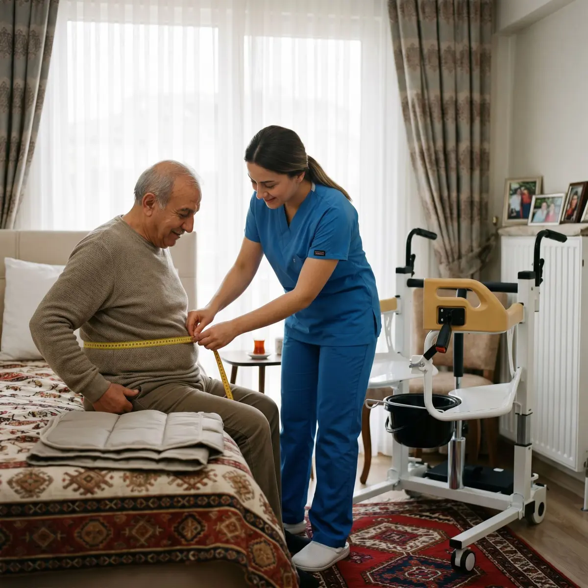 Hasta lifti askı bezi ölçüsü için oturan kişinin mezura ile ölçülmesi