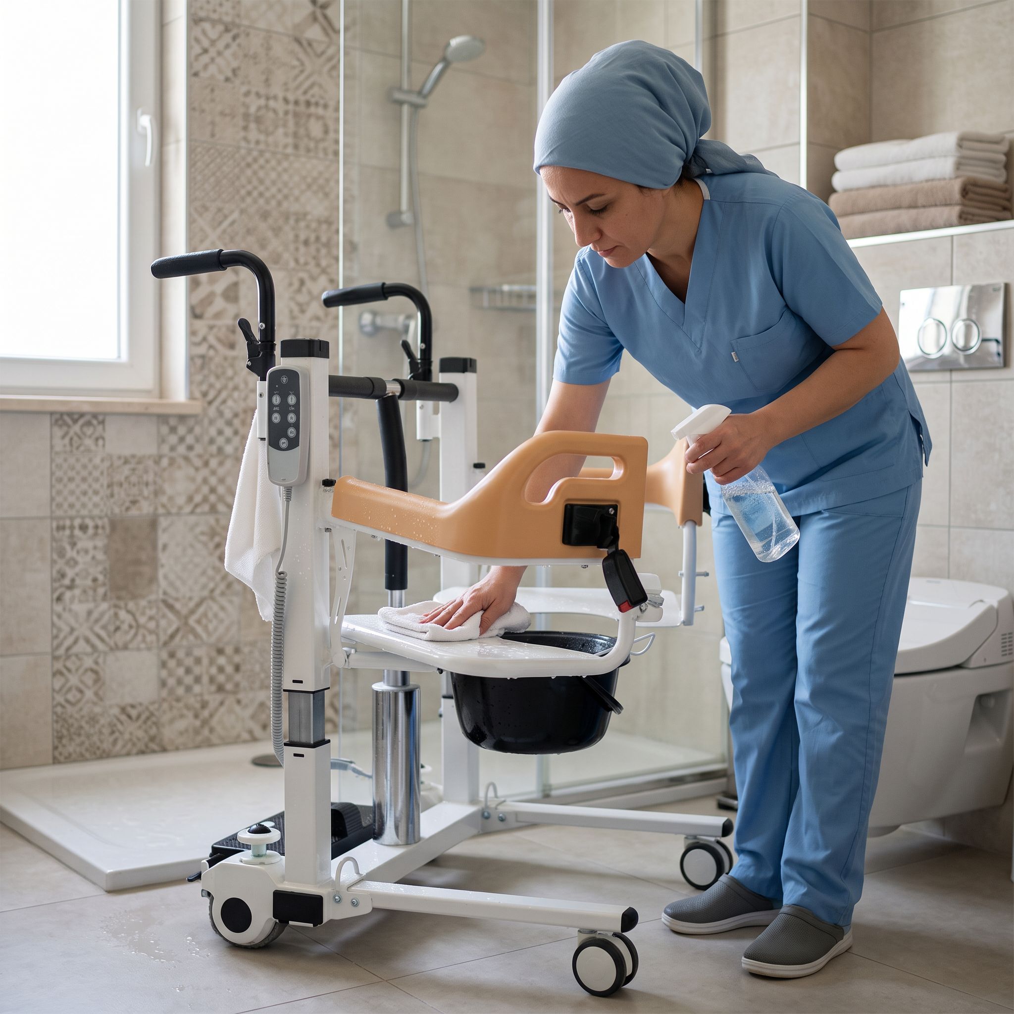 Banyo sonrası temizlenip kurulan bir hasta taşıma lifti