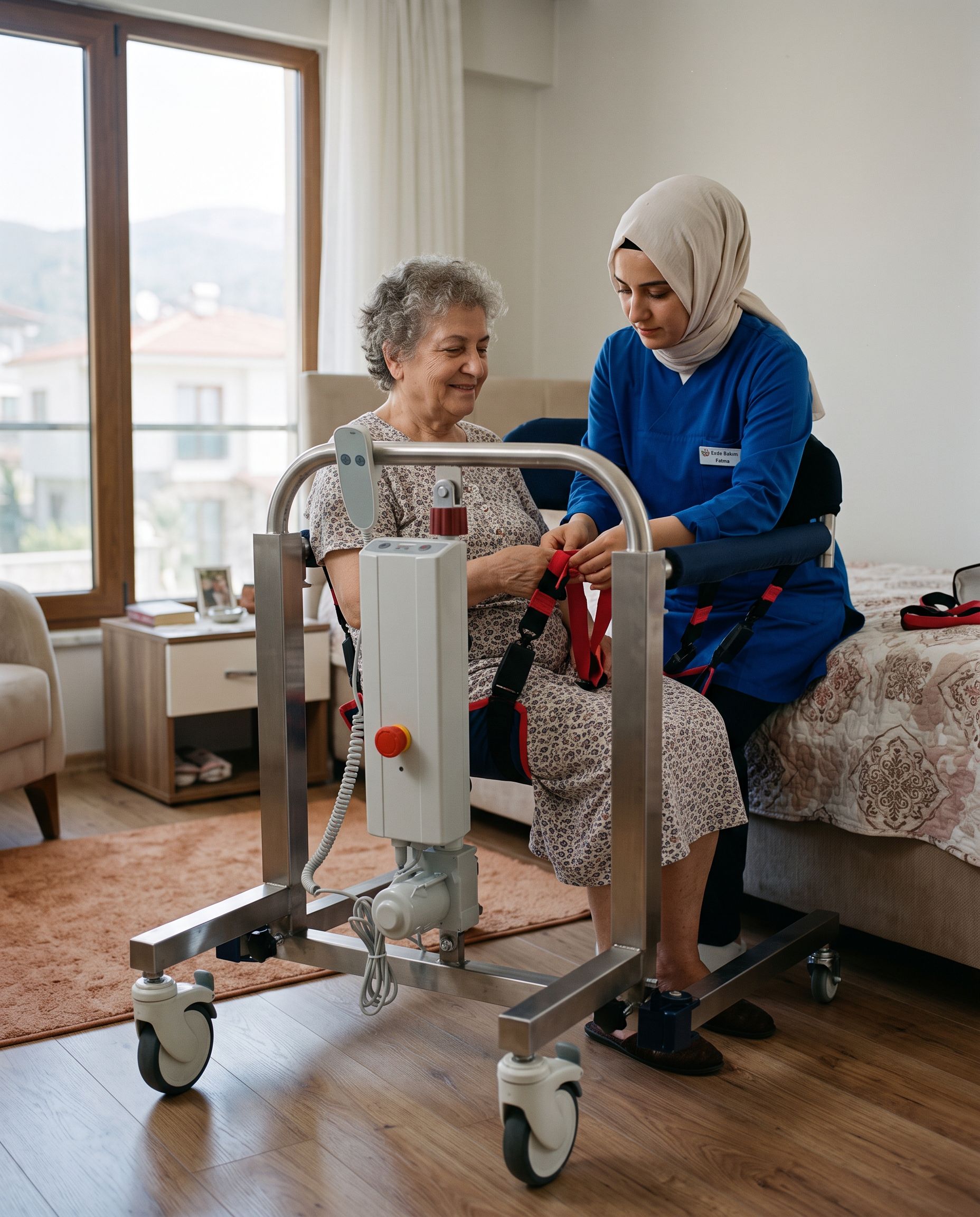Bakım ortamında motorlu hasta taşıma lifti ile askı bezi sabitleme yapan bir kişi