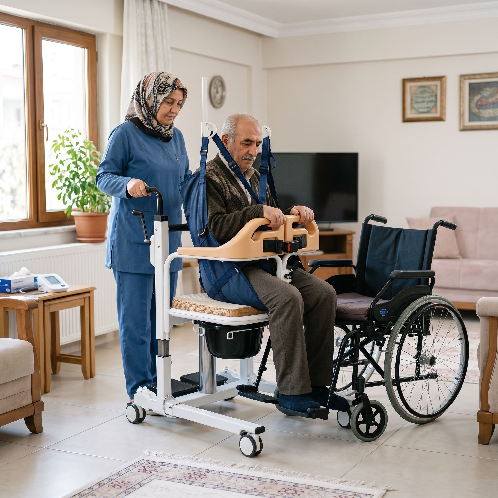 Tekerlekli sandalyeye transfer için kullanılan hasta taşıma liftiyle yapılan güvenli geçiş