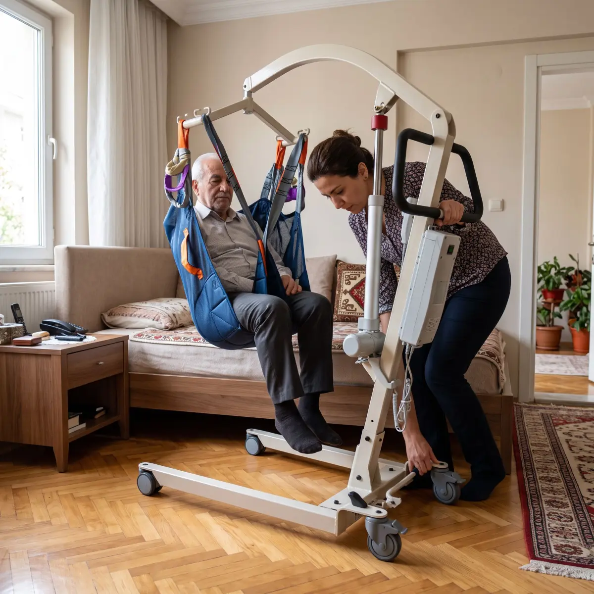 Evde halı ve parke zeminde hasta taşıma liftiyle güvenli transfer hazırlığı