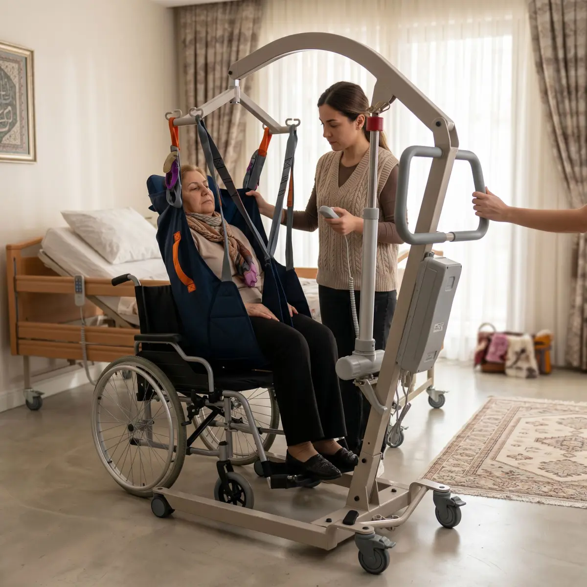 Evde hasta taşıma liftiyle baş destekli askı bezi kullanılarak güvenli transfer