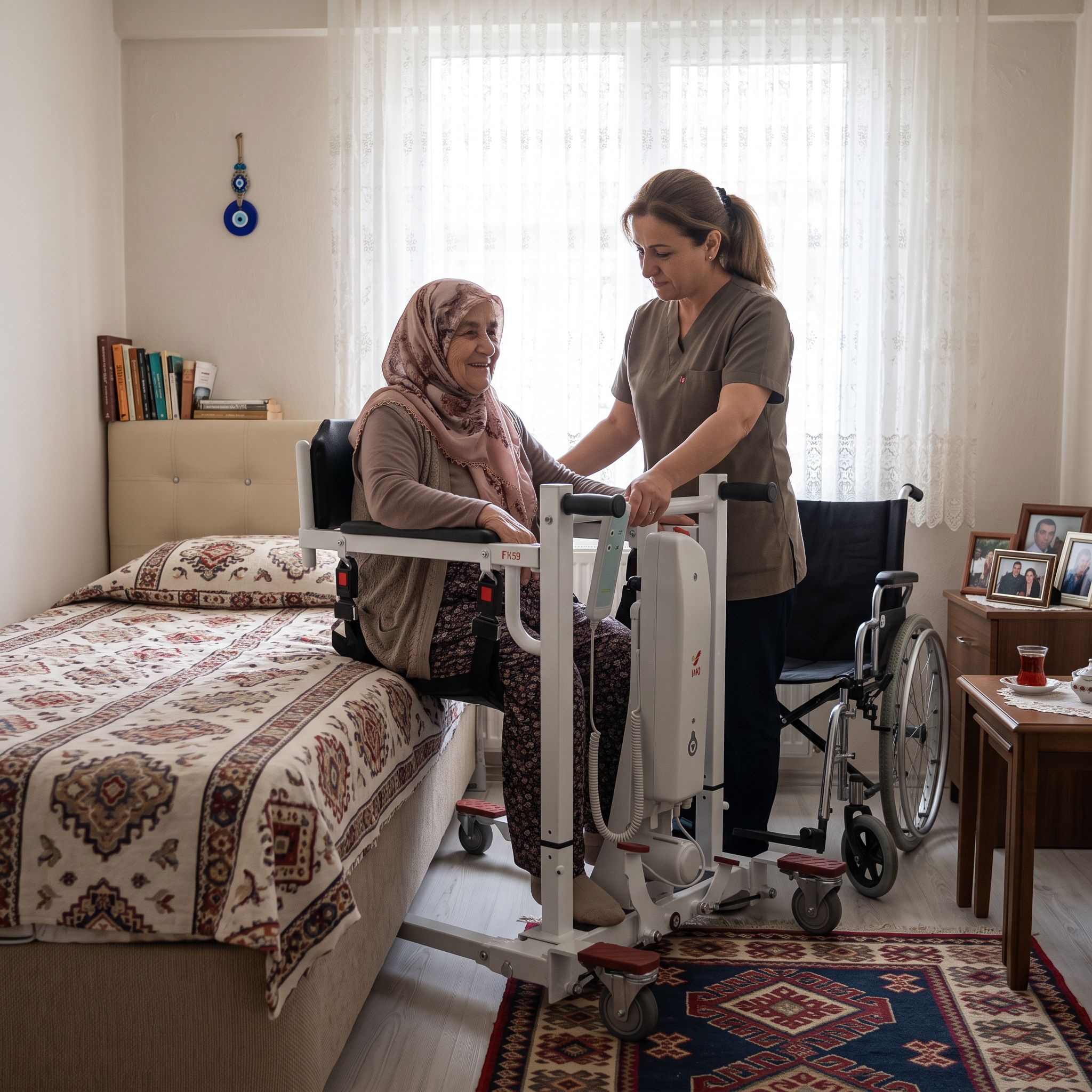 Evde bakımda hasta taşıma lifti kullanan bakım veren ve hasta