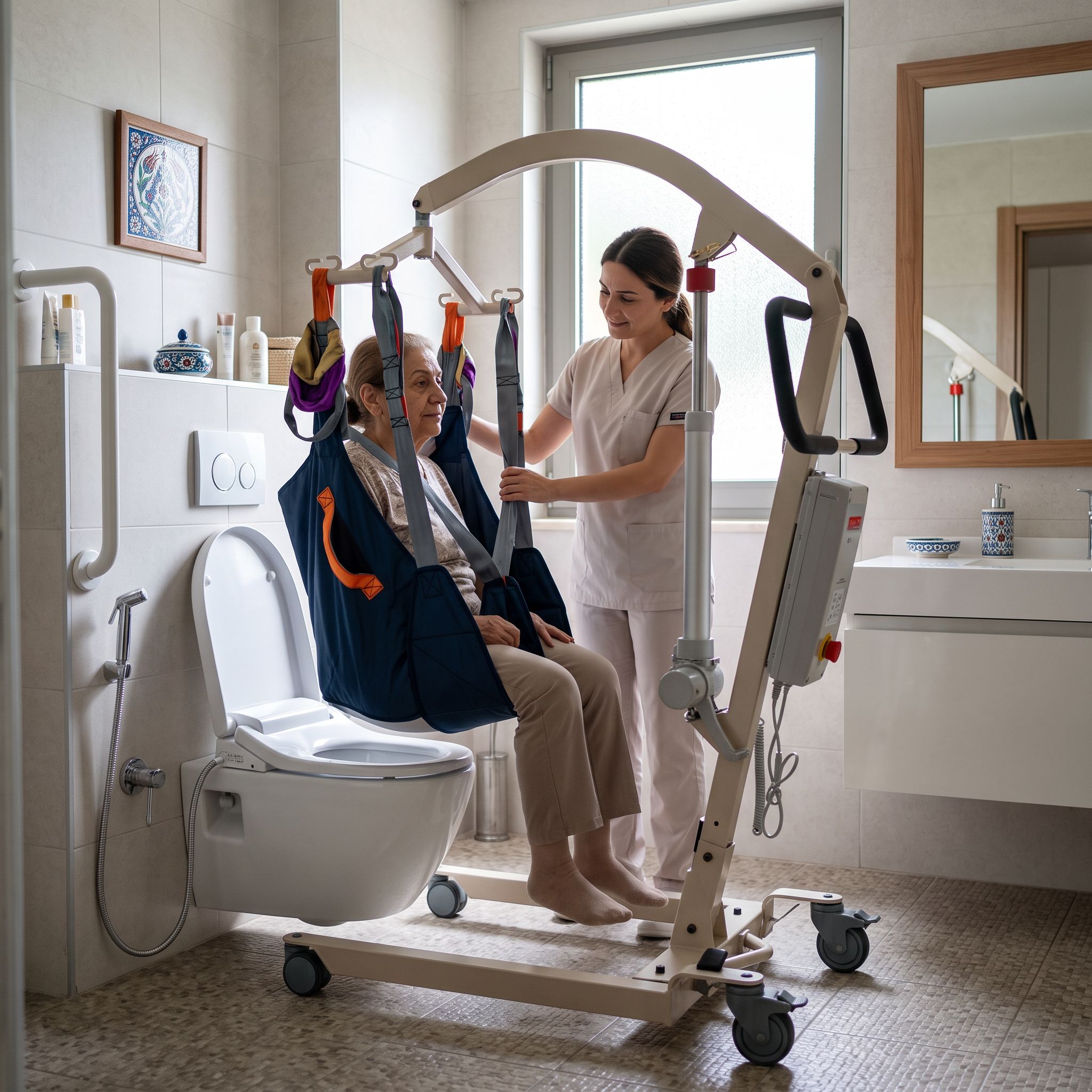 Banyo ve tuvalet transferi için kullanılan hasta taşıma lifti ve tuvalet açıklıklı askı bezi