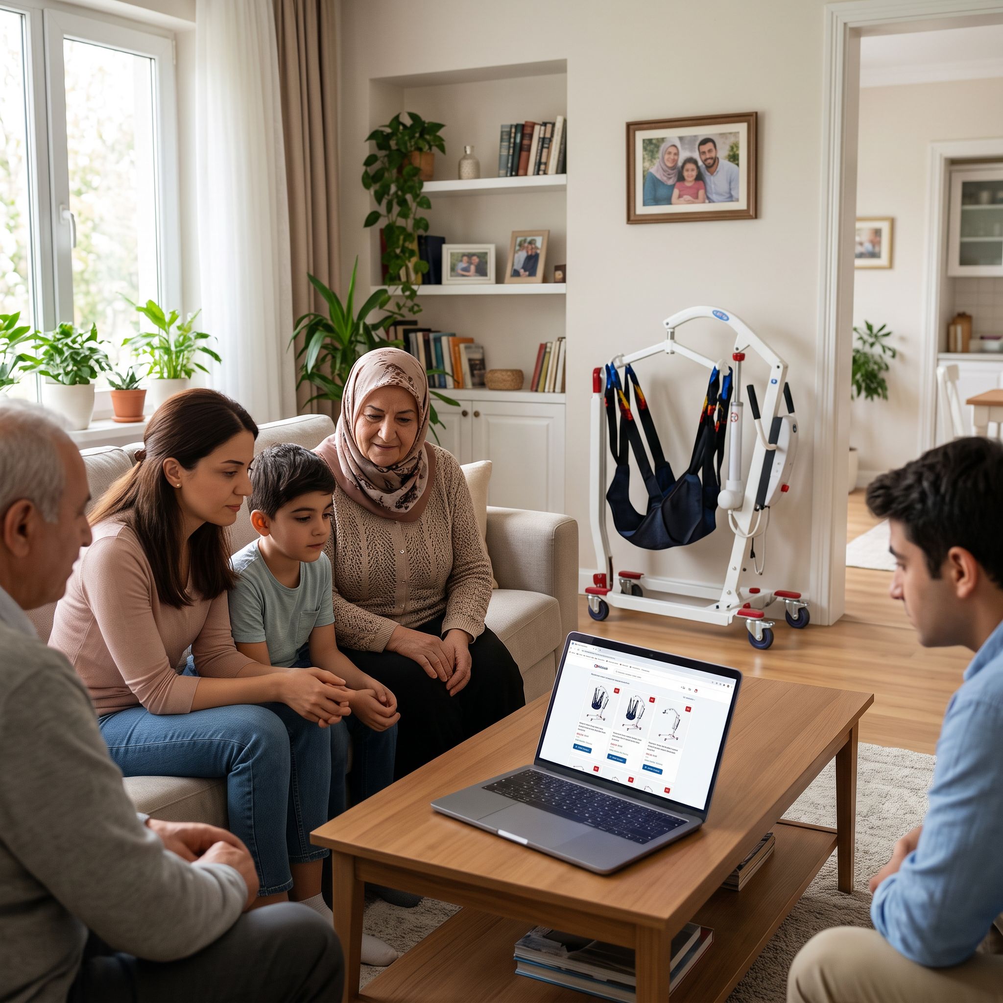 Evde hasta taşıma lifti seçeneklerini karşılaştıran bir aile ve yanında modern bir transfer lifti