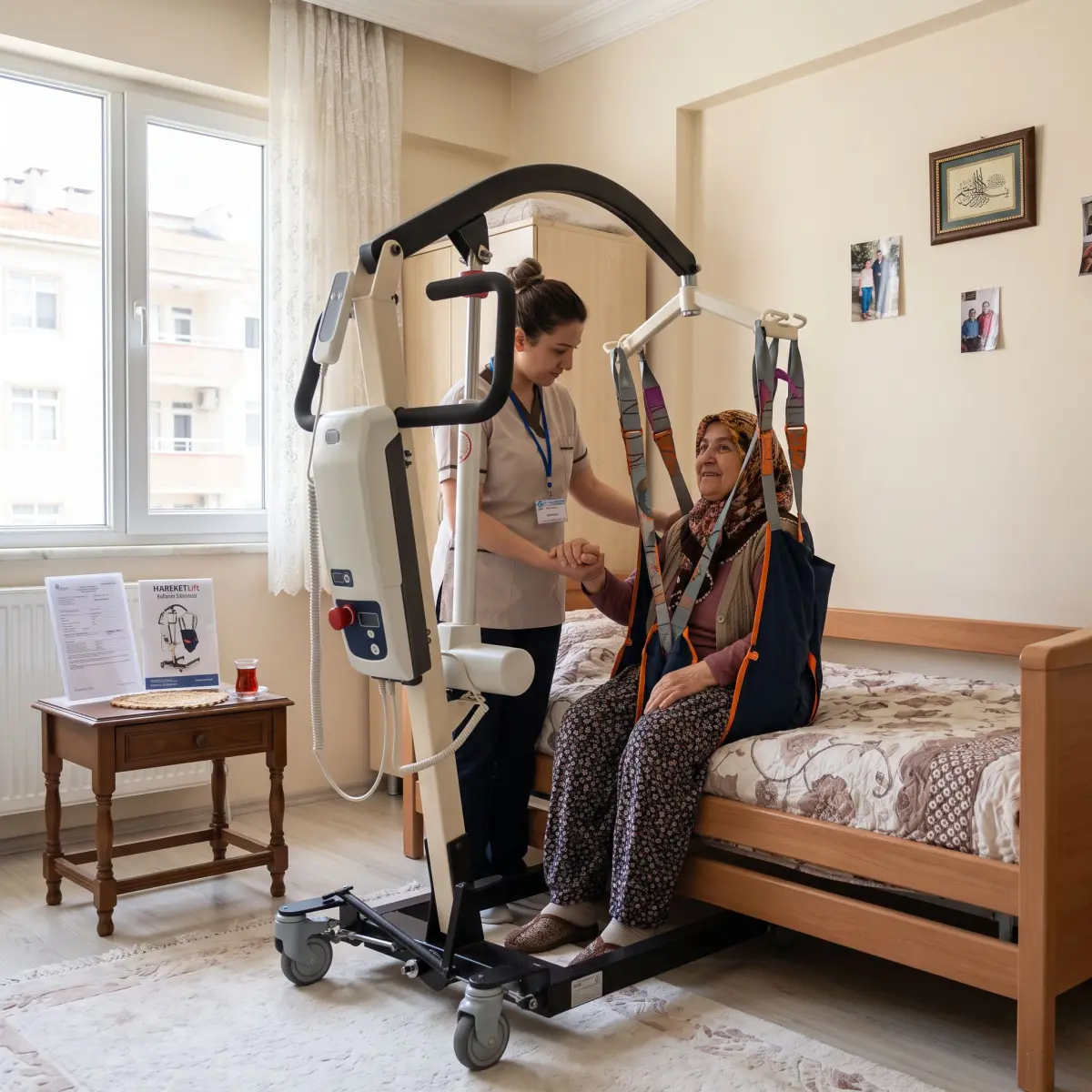 Evde hasta taşıma lifti desteği için başvuru dosyası hazırlayan aile ve transfer lifti