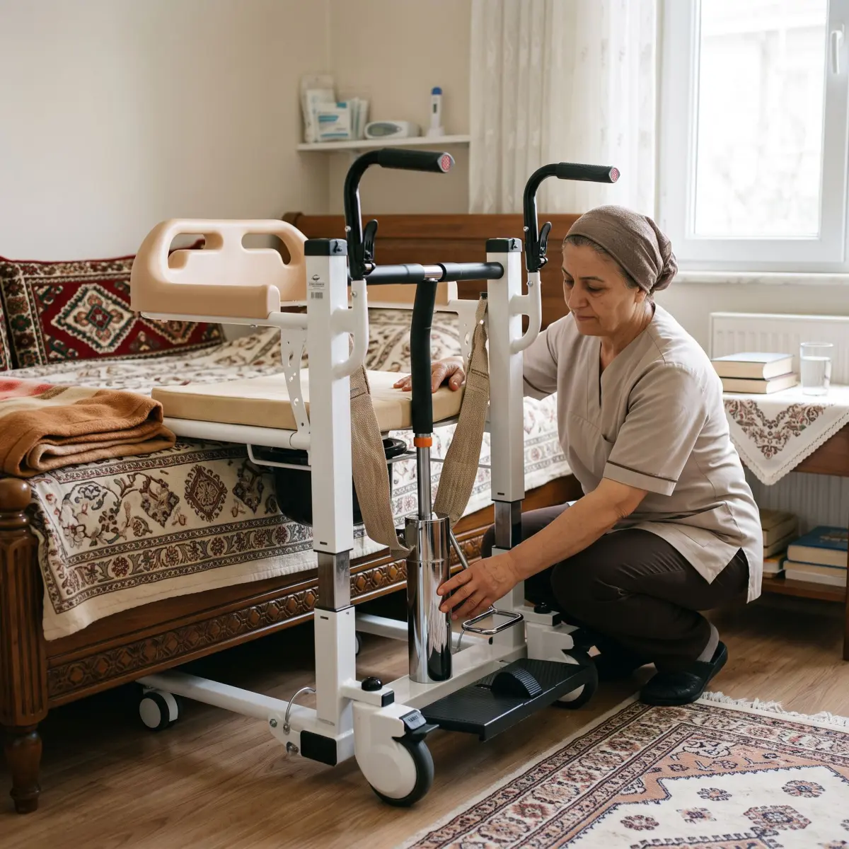 Evde hasta taşıma liftinin günlük kontrolünü yapan bakım veren