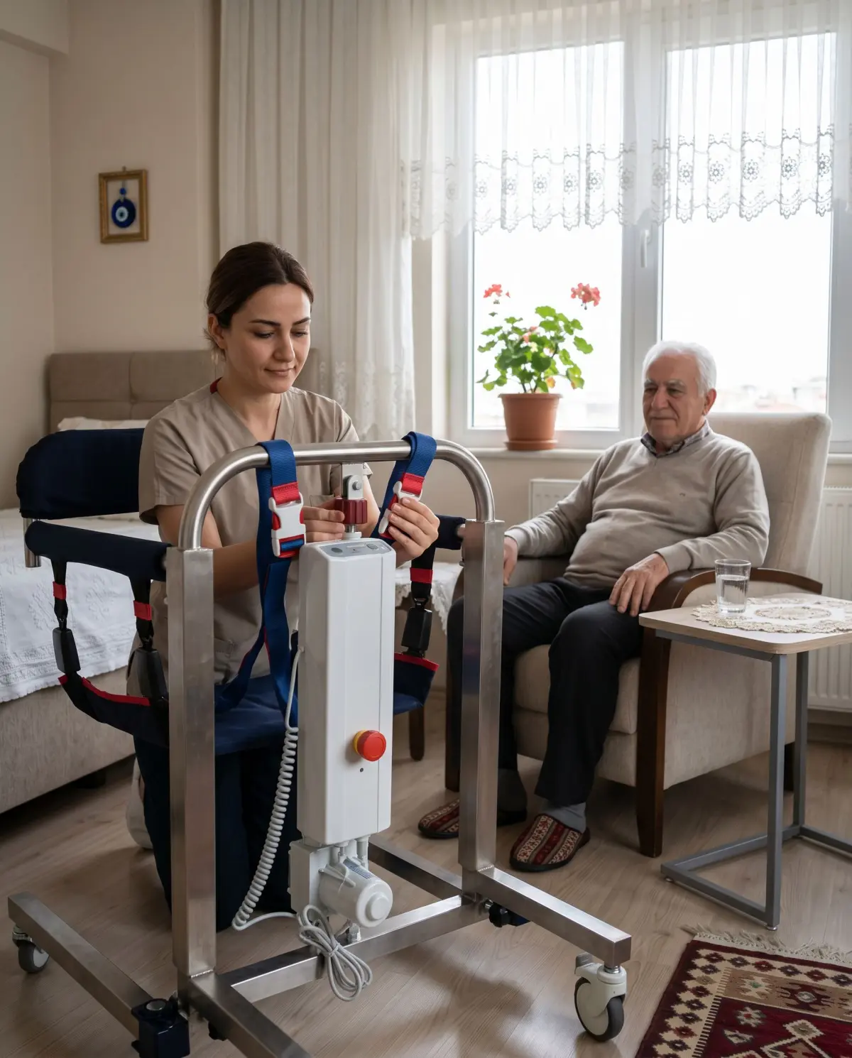 Evde hasta taşıma lifti güvenlik kontrolü yapan bakım veren