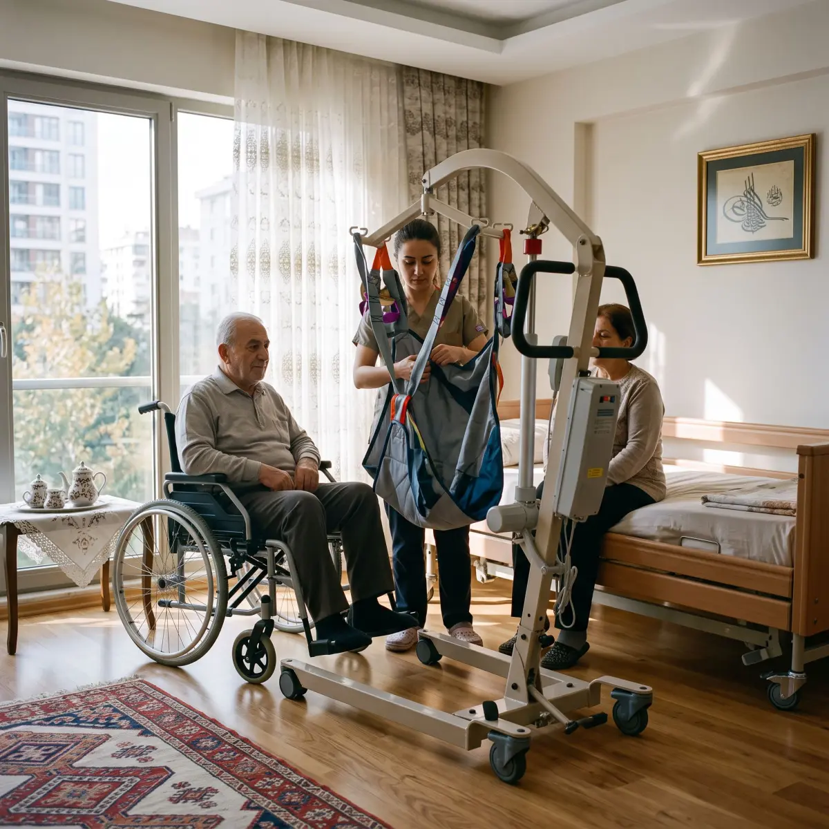 Ev ortamında hasta taşıma liftiyle güvenli transfer hazırlığı