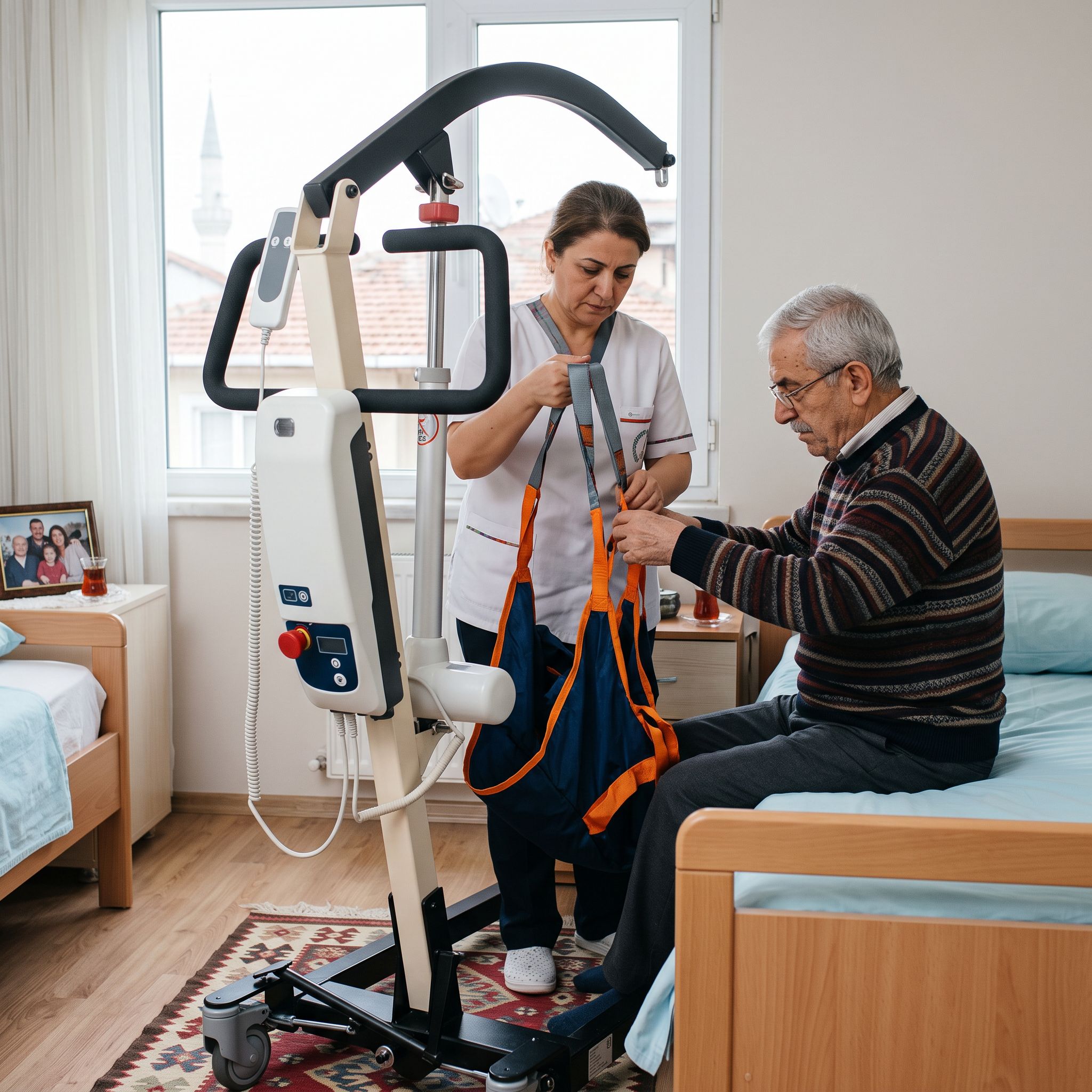 Ev ortamında kullanılan modern hasta taşıma lifti ve bakım veren kişi
