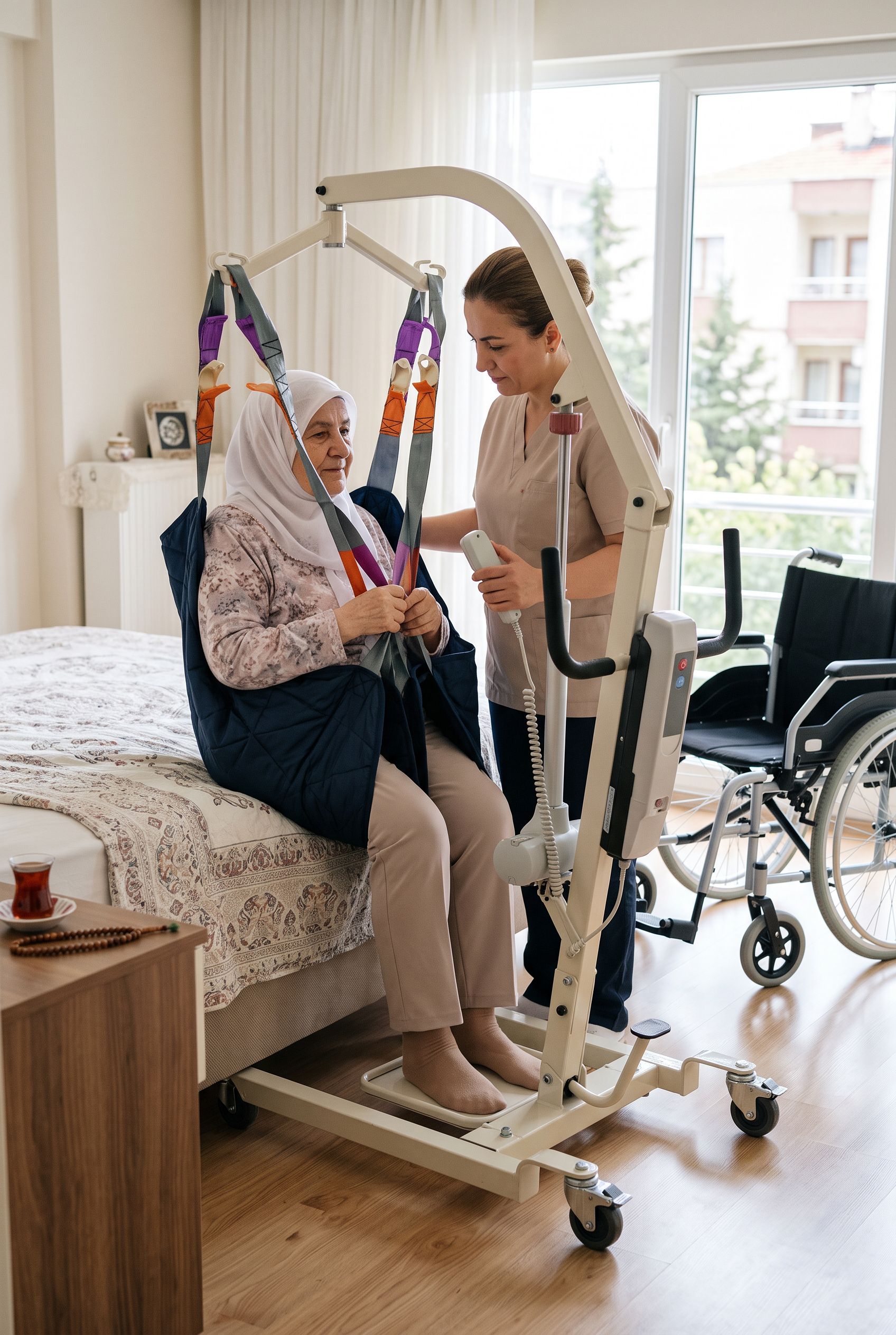Evde yaşlı bir kişinin hasta taşıma liftiyle güvenli transferi