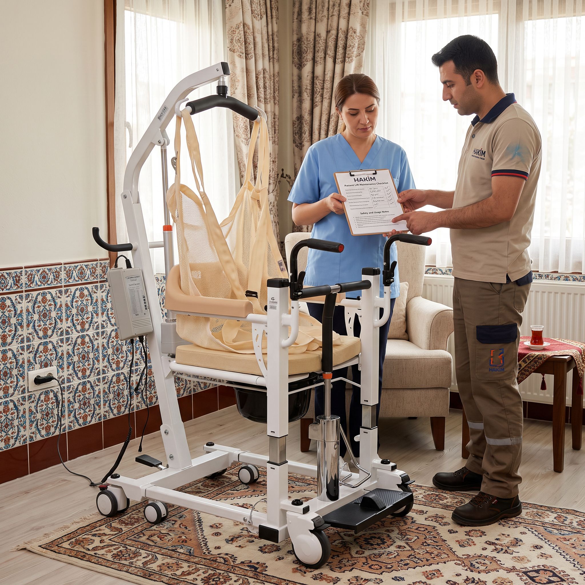 Bakım planı kontrol edilen hasta taşıma lifti ve yanında servis kaydı tutan görevli