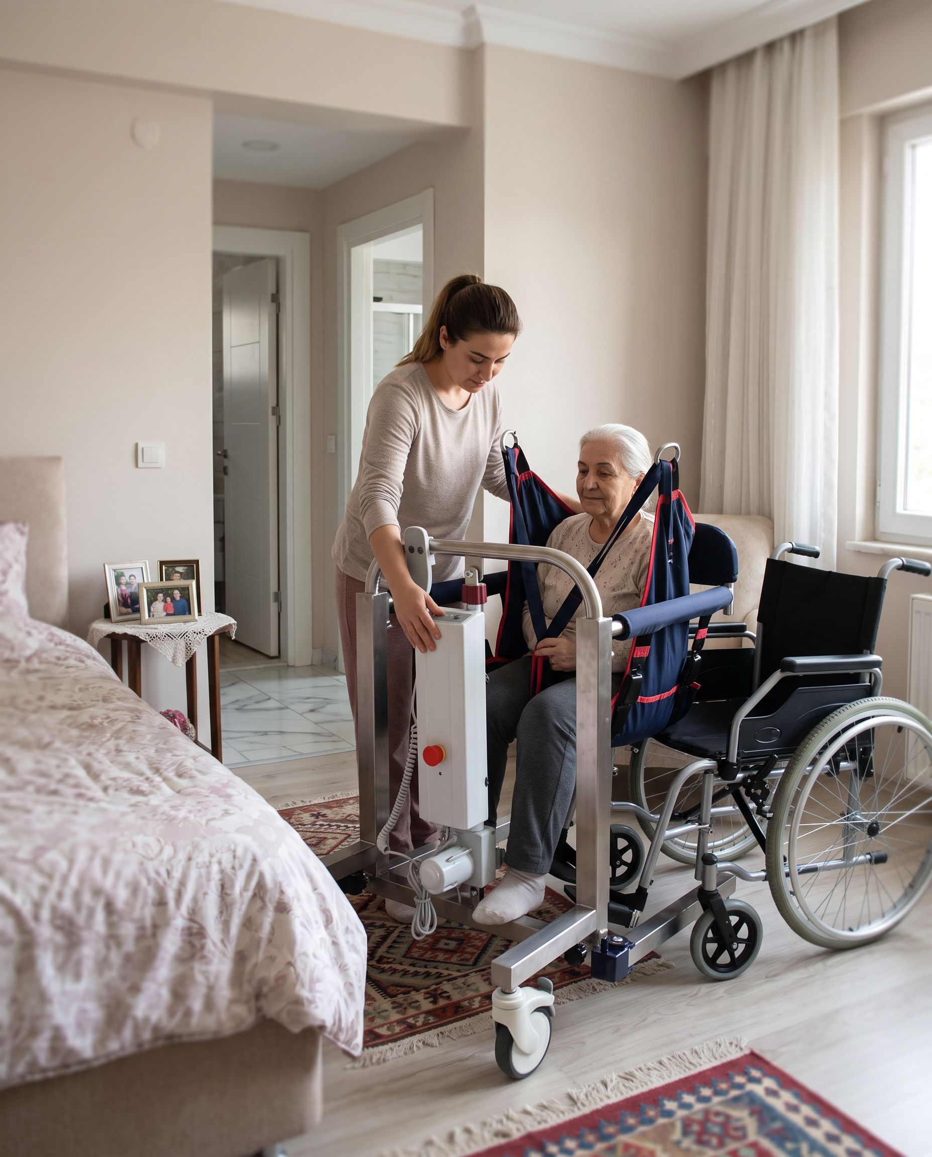 Evde bakımda hasta transfer lifti ile yataktan tekerlekli sandalyeye güvenli geçiş
