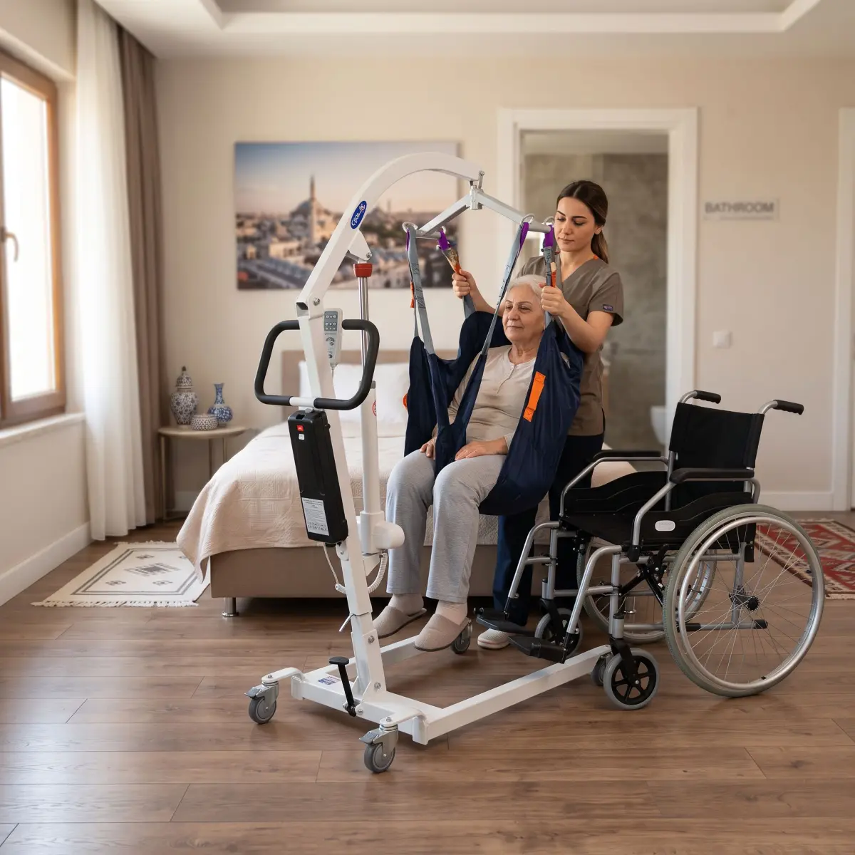 Ev içinde akülü hasta taşıma lifti ile güvenli transfer hazırlığı