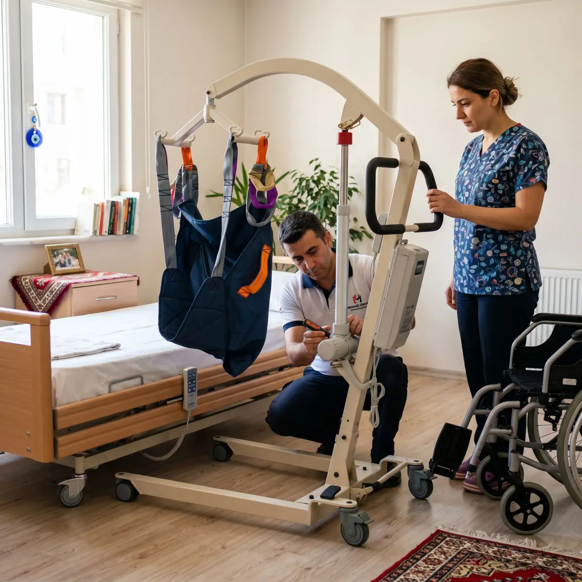 Ev ortamında hasta taşıma lifti periyodik servis kontrolü yapan teknisyen