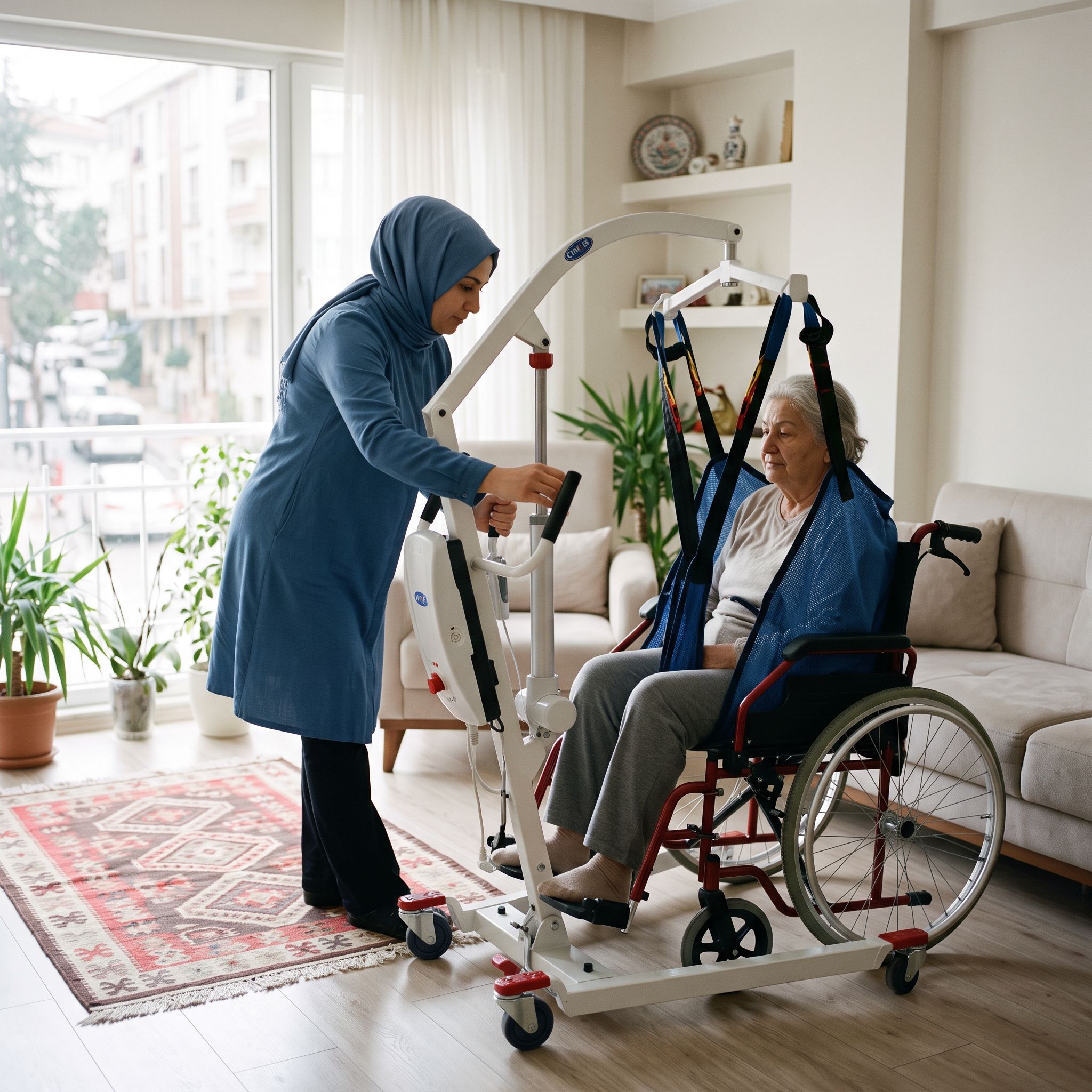 Tekerlekli sandalyeye transfer için hasta taşıma lifti doğru konumlandırılırken