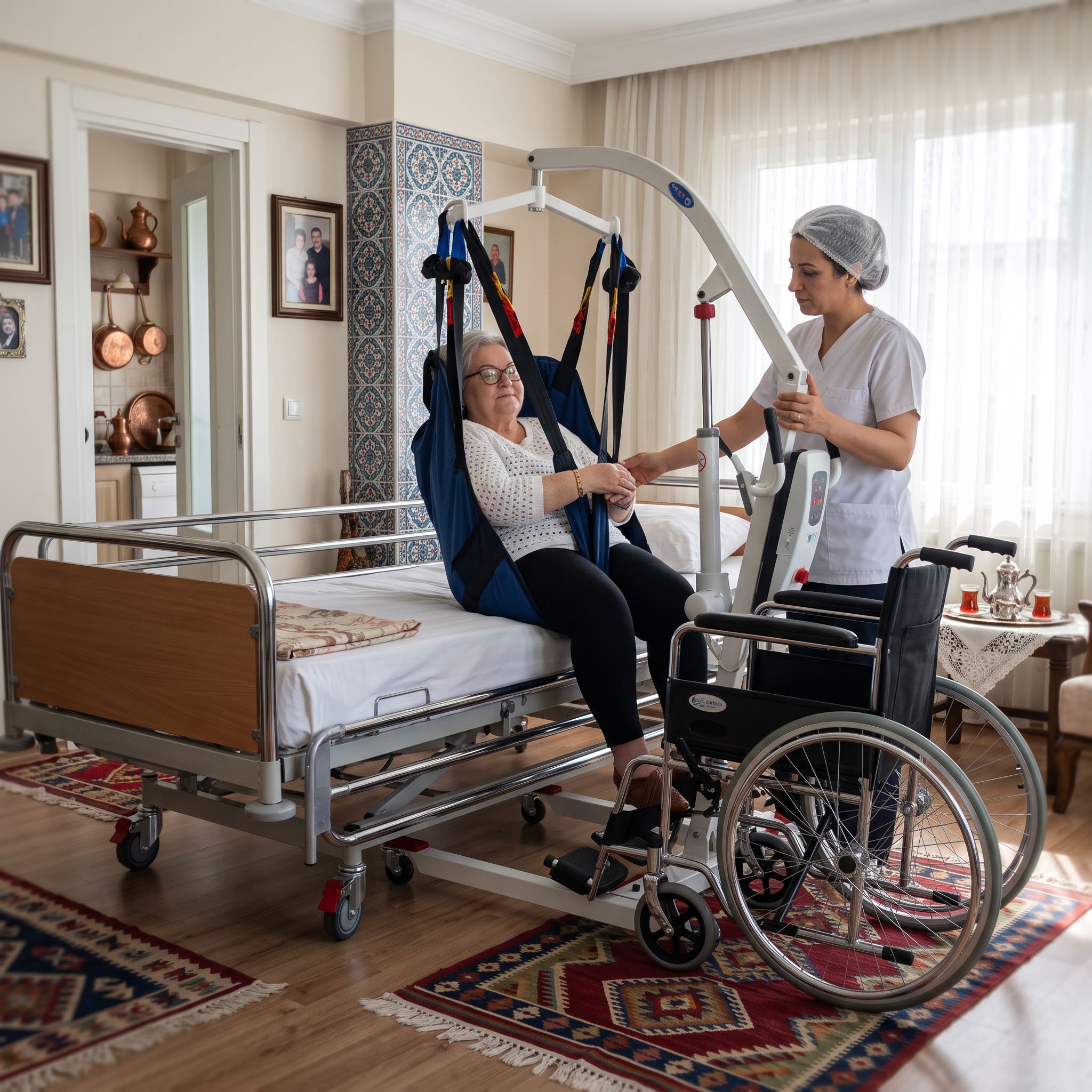 Yatalak hastayı yataktan sandalyeye hasta taşıma lifti ile güvenli şekilde transfer etme sahnesi