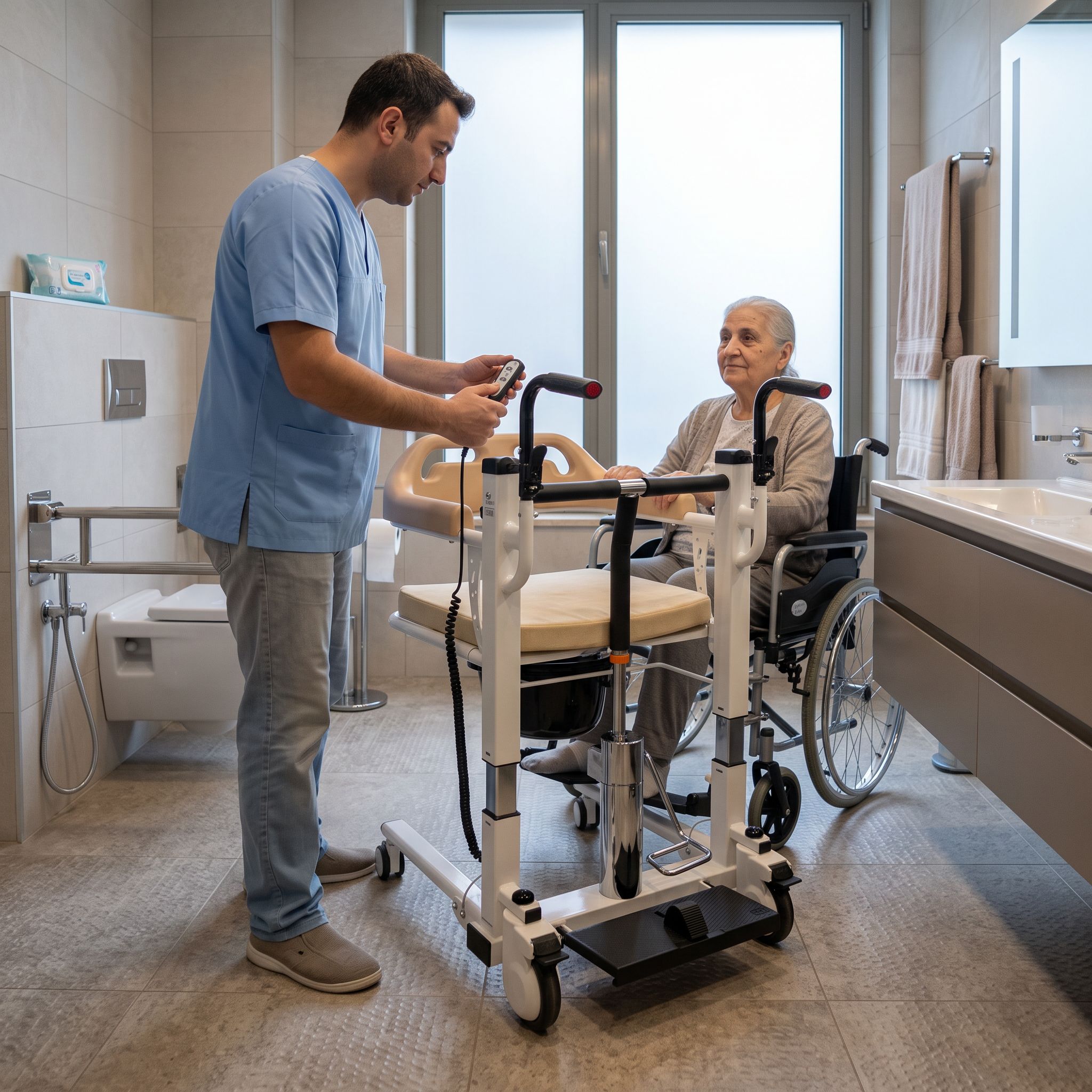 Banyo ve tuvalet arasında hasta taşıma liftiyle güvenli geçiş yapılan gerçekçi bir sahne
