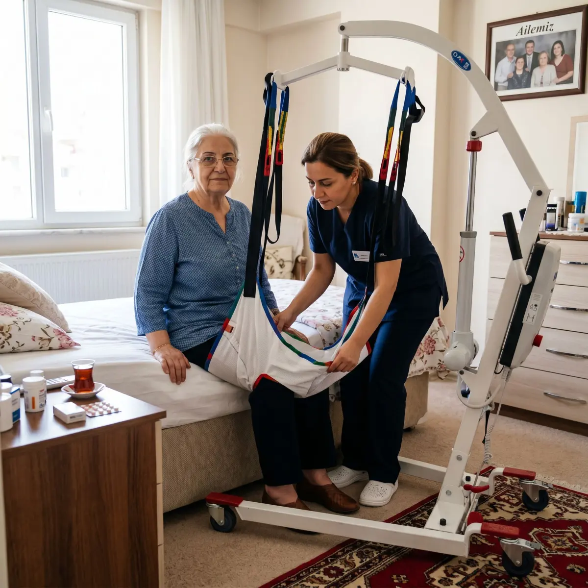 Ev ortamında hasta taşıma lifti askı beziyle güvenli transfer hazırlığı