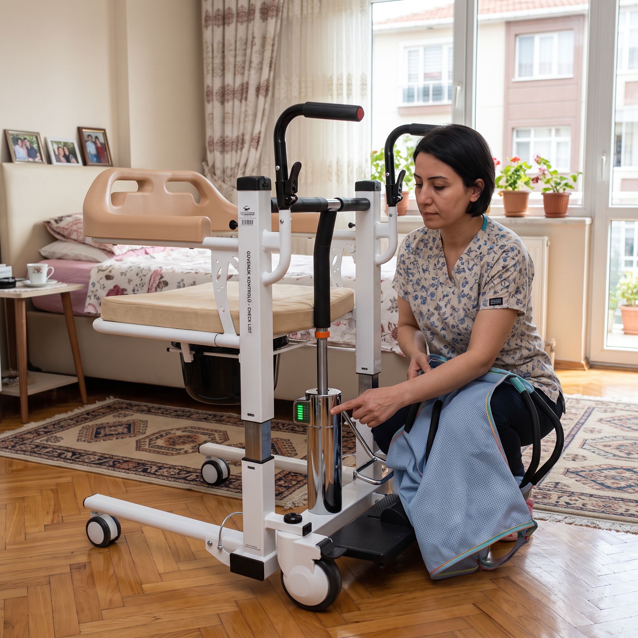 Hasta taşıma lifti arızasında servis öncesi akü, fren ve sling kontrolü yapan bakım veren