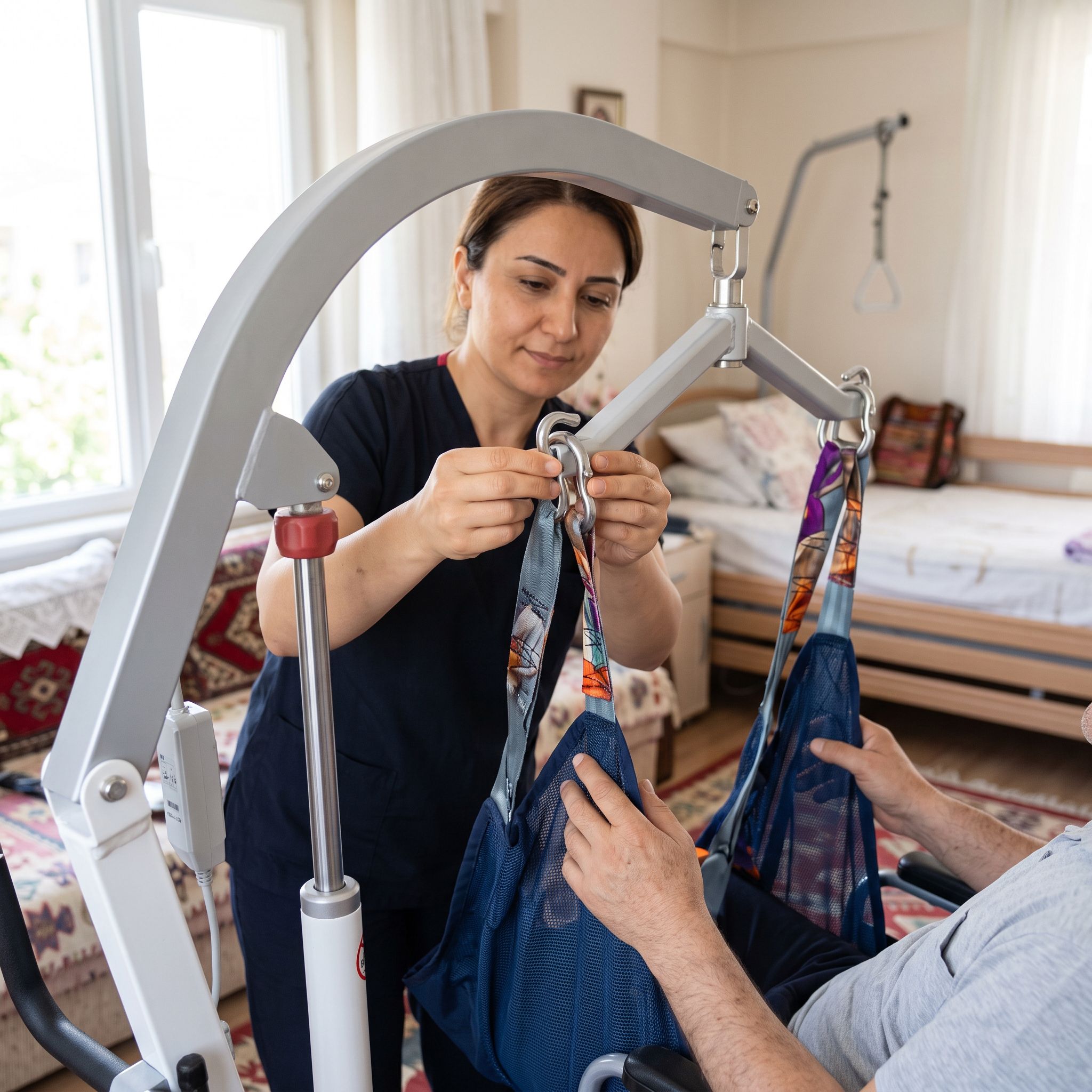 Hasta taşıma lifti aksesuarlarında spreader bar ve kanca uyumunu gösteren gerçekçi bakım sahnesi