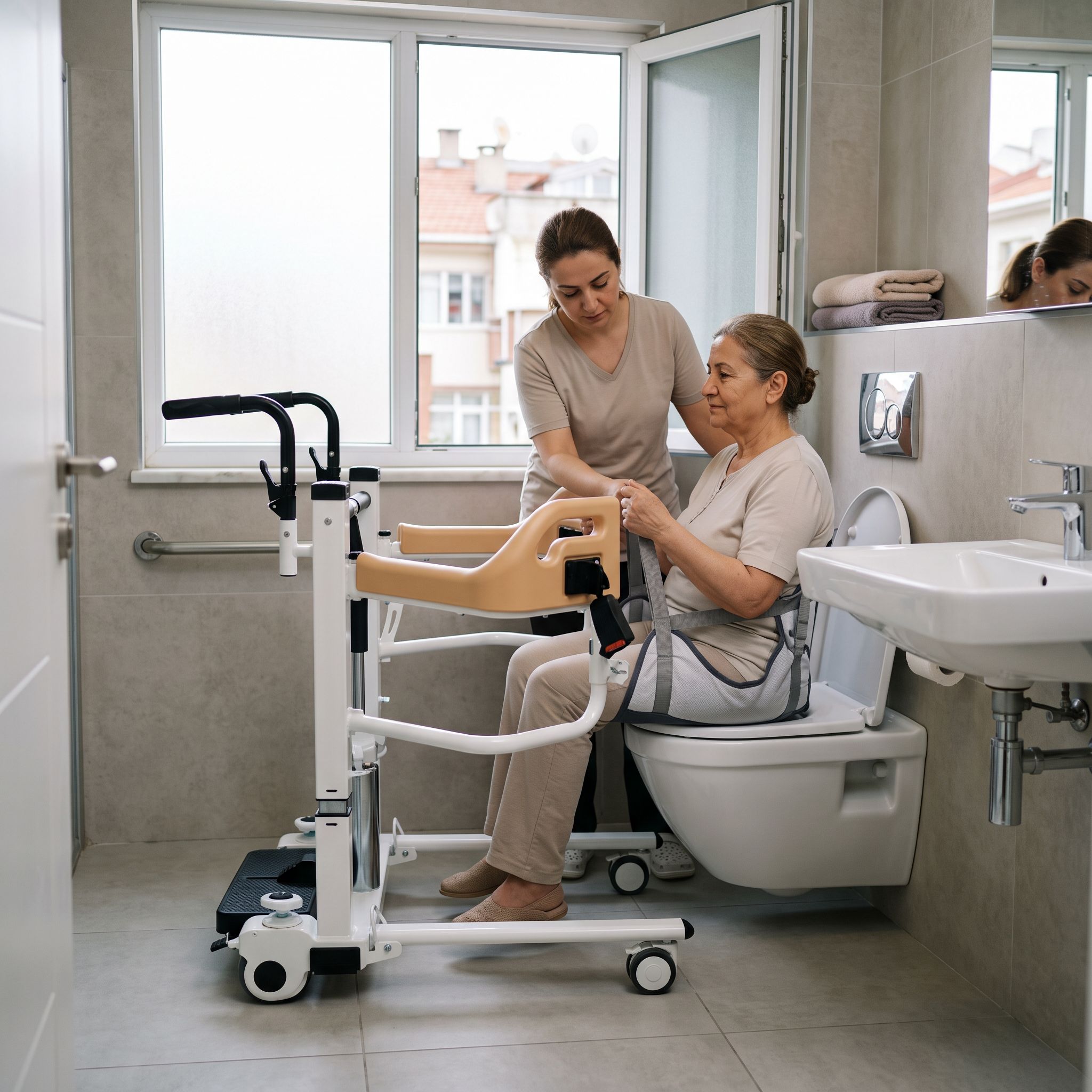 Banyo ve tuvalet transferi için kullanılan hasta taşıma lifti ve WC uyumlu askı bezi