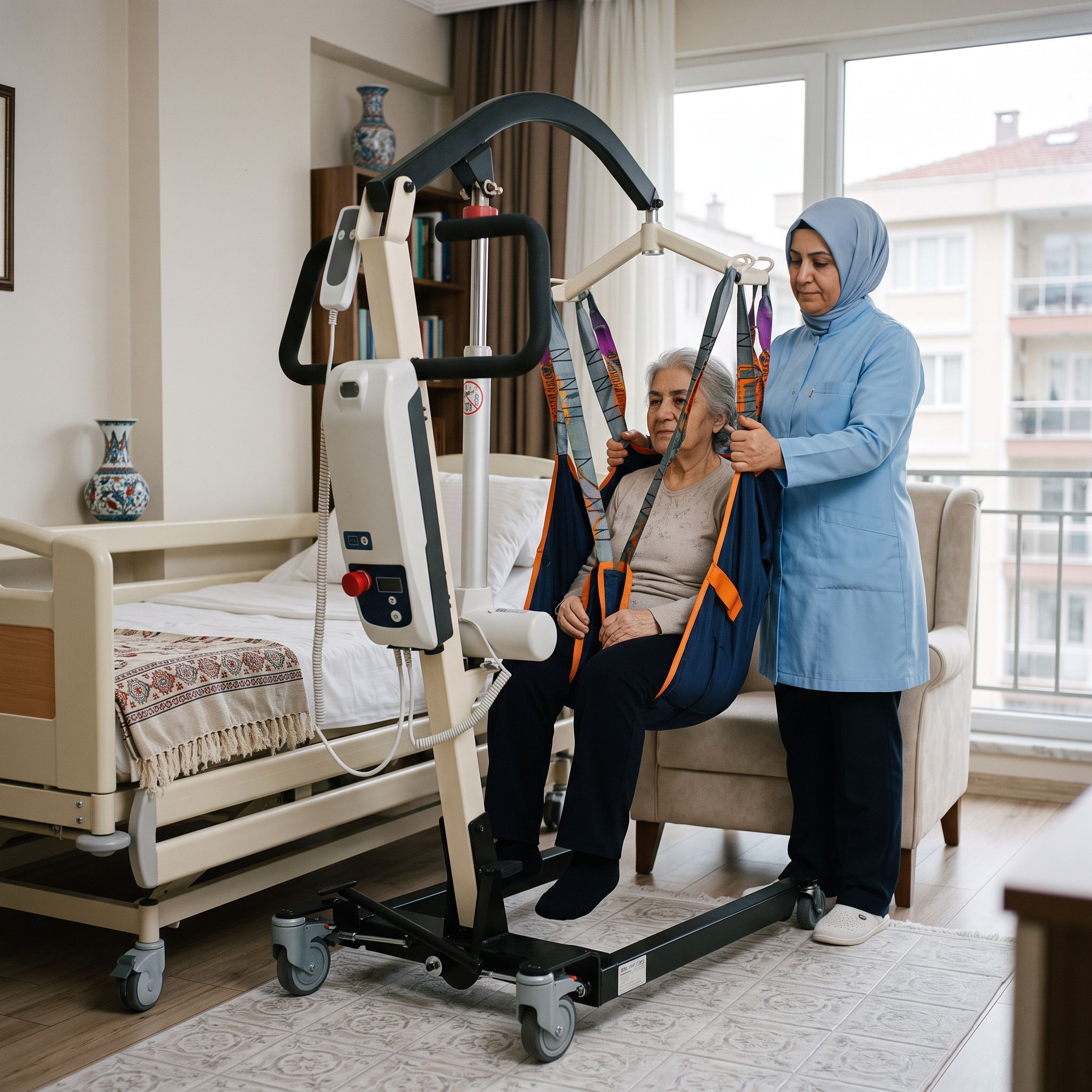Bakım veren kişinin, doğru sling ve frenli tekerleklerle hastayı güvenli biçimde transfer ettiği sahne