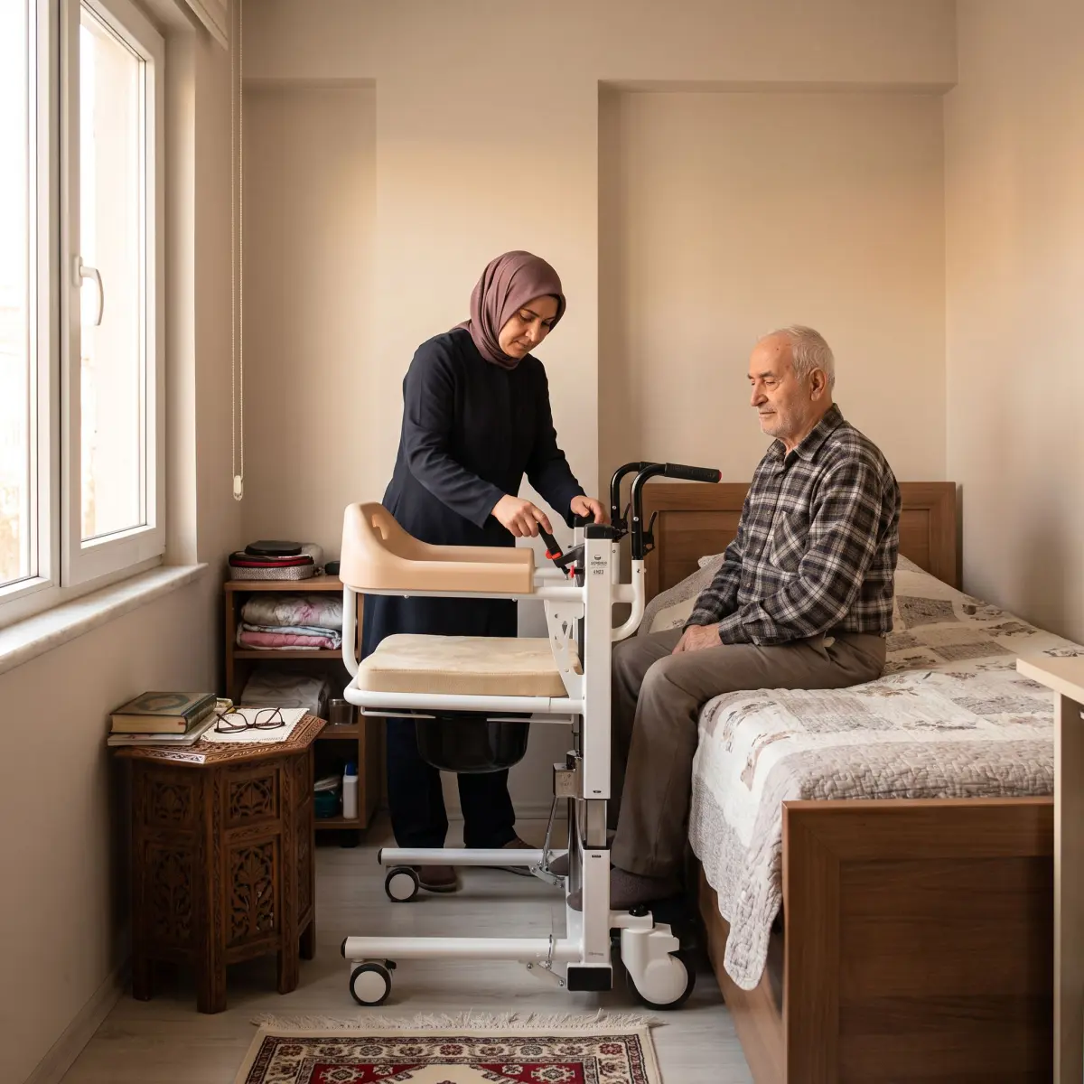 Dar bir evde yatak yanında konumlandırılmış hasta taşıma lifti